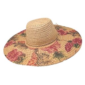 Tan Floral Tropical Flower Floppy Straw Sun Hat Brim Womens Beach Accessory